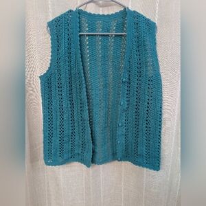Vintage Hand Crochet Openwork Vest in Teal
